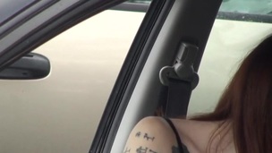 Amateur floozy in the car is demonstrating her nice tits
